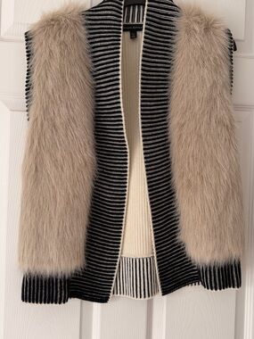 Banana Republic Black & Cream Striped Sweater Vest with Beige Faux Fur Panels